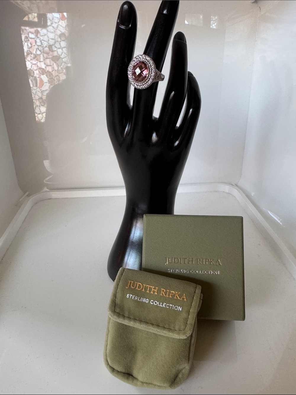 Judith Ripka Sterling Silver Ring with Pink Diamonique Center and Pavé Halo